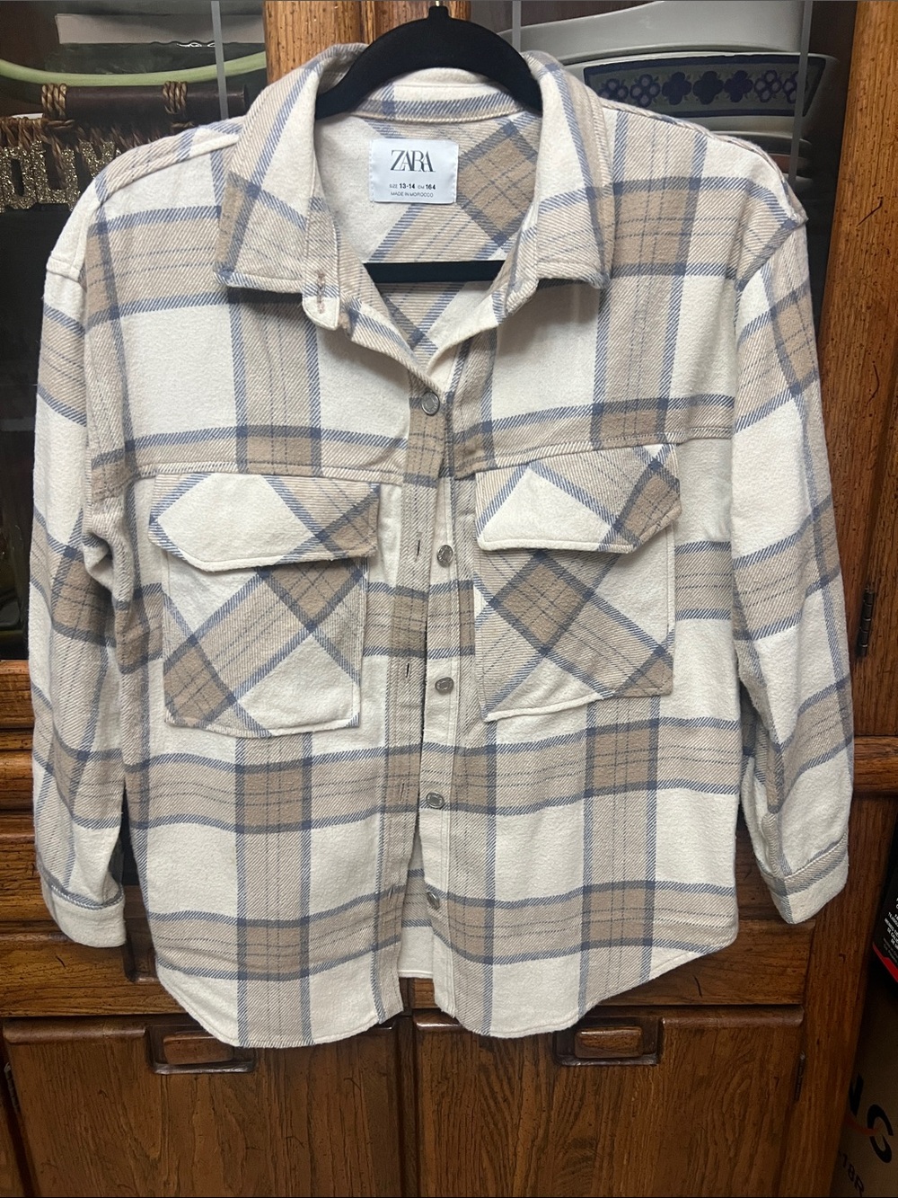 ZARA girl’s Beige and Light Blue Plaid Button-Down Shirt